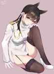  1girl animal_ears arm_support artist_name atago_(azur_lane) azur_lane bangs black_hair black_legwear breasts brown_background commentary_request dated extra_ears garter_straps head_tilt highres large_breasts lips long_hair looking_at_viewer military military_uniform miniskirt mole mole_under_eye pink_lips ribbon shiromonefu simple_background sitting skirt solo swept_bangs thighhighs uniform white_ribbon 