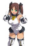  1girl alice_gear_aegis breasts brown_hair cosplay dark_skin dead_or_alive frilled_legwear frilled_leotard frills green_eyes highres kaneshiya_sitara large_breasts leotard long_hair looking_at_viewer marie_rose marie_rose_(cosplay) open_mouth pointing pointing_at_viewer simple_background smile solo thighhighs twintails white_background white_legwear white_leotard yukitaka 