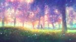  1girl ahoge animal cat day fantasy forest from_side grass highres light_particles light_rays nature original outdoors robe sakimori_(hououbds) scenery solo spirit standing sunbeam sunlight tree very_wide_shot 