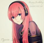  1girl armband beige_background black_shirt blue_eyes character_name commentary dated gold_trim happy_birthday headphones light_smile long_hair looking_at_viewer megurine_luka moa0291 number_tattoo pink_hair shirt shoulder_tattoo solo tattoo upper_body vocaloid 