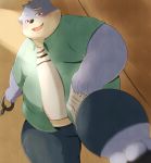  2020 anthro black_nose blue_body blue_fur blush bottomwear canid canine clothing fur hi_res humanoid_hands kemono kwzu male mammal overweight overweight_male pants shirt solo topwear 