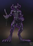  anthro bodily_fluids claws demon genital_fluids glowing glowing_eyes hi_res horn humanoid hyper long_claws longblueclaw male muscular precum rubber solo urethral 