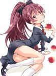  1girl apple blush dress food fruit highres long_hair looking_at_viewer mahou_shoujo_madoka_magica panties pantyshot red_dress red_eyes sakura_kyouko smile socks solo suzuki24 underwear white_legwear white_panties 