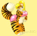  2007 animate_inanimate big_breasts blonde_hair blue_eyes breasts felid female hair implied_transformation living_plushie mammal mifmaf pantherine plushie simple_background solo tiger yellow_background 