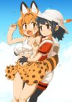  2girls adapted_costume animal_ears animal_print bare_shoulders black_hair blue_sky blush breast_grab eyebrows_visible_through_hair grabbing highres hug kaban_(kemono_friends) kemono_friends multiple_girls orange_eyes orange_hair serval_(kemono_friends) serval_ears serval_print sky smile 