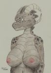  anthro big_breasts black_body black_scales breasts bust_portrait colored_pencil_(artwork) dragon female frown hi_res horn looking_at_viewer navel nipples nude orange_eyes pink_nipples portrait sad scales sejantlamb solo spines spots striga_(spikedmauler) traditional_media_(artwork) tron_lines 