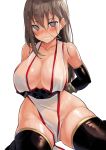  1girl arms_behind_back bare_shoulders black_legwear blue_eyes blush bound bound_wrists breasts brown_hair china_dress chinese_clothes cleavage closed_mouth commentary_request curvy dress elbow_gloves empty_eyes gloves groin heavy_breathing highres kekemotsu large_breasts long_hair looking_at_viewer open_mouth original pelvic_curtain revealing_clothes rope saliva sideboob spread_legs sweatdrop thighhighs thighs wet wet_clothes 