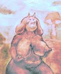  2020 absurd_res anthro belly big_breasts bovid breasts caprine curvy_figure female goat hi_res holding_breast long_nipples looking_at_viewer luteplayer mammal nipples nude overweight slightly_chubby smile solo toriel traditional_media_(artwork) undertale video_games voluptuous 