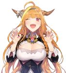  /\/\/\ 1girl ahoge bangs black_jacket blonde_hair blunt_bangs blush bow braid breasts brooch claw_pose cleavage cleavage_cutout collared_shirt commentary dragon_horns eyebrows_visible_through_hair fangs hairband highres hololive horn_bow horns jacket jewelry kiryuu_coco large_breasts long_hair looking_at_viewer multicolored_hair one_eye_closed open_mouth orange_hair pointy_ears red_eyes shirt side_braid simple_background smile solo streaked_hair striped striped_bow two-tone_hair upper_body virtual_youtuber waka_(wkmtr) white_background white_shirt wing_collar 