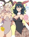  2girls absurdres animal_ears artist_name blue_eyes blue_hair breasts bunny_ears byleth_(fire_emblem) byleth_(fire_emblem)_(female) cleavage closed_mouth corrin_(fire_emblem) corrin_(fire_emblem)_(female) fake_animal_ears fire_emblem fire_emblem:_three_houses fire_emblem_fates highres karbuitt leotard long_hair multiple_girls one_eye_closed open_mouth pointy_ears red_eyes simple_background smile white_hair wrist_cuffs 