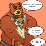  1:1 animal_crossing antelope anthro blush bovid clothing duo eyebrows hi_res horn hug lopez_(animal_crossing) male male/male mammal musclegut nintendo nosoyunoso size_difference teddy_(animal_crossing) thick_eyebrows underwear ursid video_games 