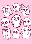  blush clothing directional_arrow eyelashes female floating ghost glistening glistening_eyes gloves handwear hi_res lidded_eyes looking_at_viewer monochrome mouth_closed mouthless open_mouth open_smile pac-man_(series) pac-man_and_the_ghostly_adventures pac-man_party pac-man_world pink_background pinky_(pac-man) simple_background smile solo spirit tongue uyu video_games 