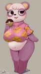  animal_crossing belly black_eyes black_nose blush bodily_fluids bottomless breasts clothed clothing doughnut female food full-length_portrait giant_panda hi_res holding_food holding_object mammal mofumofumachine navel nintendo open_mouth pink_clothing pink_topwear pinky_(animal_crossing) portrait round_ears simple_background solo standing sweat topwear ursid video_games 