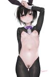  1girl absurdres animal_ears black_eyes black_hair blush bow bowtie breasts bunny_ears dancho_(dancyo) hair_between_eyes highres looking_at_viewer meme_attire navel nipples original pubic_hair reverse_bunnysuit reverse_outfit simple_background small_breasts solo sweat white_background 