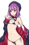  1girl absurdres anoshabu bangs bare_shoulders bikini black_bikini black_coat black_headwear blush breasts coat detached_collar detached_sleeves fate/grand_order fate_(series) helena_blavatsky_(fate/grand_order) highres long_sleeves looking_at_viewer micro_bikini navel off_shoulder open_clothes open_coat open_mouth purple_eyes purple_hair short_hair simple_background small_breasts solo swimsuit thighs white_background white_sleeves 