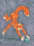  2019 5_fingers ambiguous_gender ango76 anthro colored_pencil_(artwork) domestic_cat entangled felid feline felis fingers focused fur green_eyes hi_res mammal marker_(artwork) orange_body orange_fur pawpads reaching simple_background solo traditional_media_(artwork) yarn 