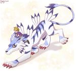  2020 black_nose blonde_hair blue_body blue_markings claws clothing digimon digimon_(species) feral garurumon hair human looking_at_another male mammal markings matt_ishida on_top red_claws riding sapphireluna sharp_teeth short_hair signature simple_background teeth white_background yellow_eyes 