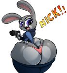  anthro big_butt blue_eyes butt clothed clothing dialogue disney female gun hi_res holding_butt huge_butt hyper hyper_butt judy_hopps lagomorph leporid looking_back mammal open_mouth pants_down partially_clothed parumpi rabbit ranged_weapon rear_view simple_background solo thick_thighs thong underwear weapon white_background wide_hips zootopia 