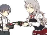  2girls alcohol arare_(kantai_collection) arm_warmers bangs bottle breasts brown_footwear commentary_request eyebrows_visible_through_hair grey_hair grey_skirt hat holding holding_bottle holding_hat kantai_collection long_hair long_sleeves multiple_girls no_mouth pola_(kantai_collection) pouring red_skirt satsumi shirt short_hair short_sleeves simple_background skirt smile suspender_skirt suspenders white_background white_shirt wine wine_bottle 