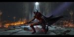  3d_(artwork) 5_fingers amarihel anthro armor blood bodily_fluids canid canine canis cloak clothed clothing dark_souls digital_media_(artwork) fingers fire fromsoftware fully_clothed fur headgear holding_object holding_sword holding_weapon light looking_at_viewer male mammal melee_weapon red_eyes solo sword video_games weapon wolf 