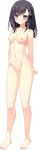  1girl absurdres arms_behind_back barefoot black_hair blush breasts collarbone crescent crescent_hair_ornament eyebrows_visible_through_hair full_body hair_ornament highres ikegami_akane long_hair medium_breasts navel nipples no_pussy nude official_art ore_no_sugata_ga_toumei_ni!?_invisible_to_suuki_na_unmei purple_eyes smile solo transparent_background yotsuba_kohaku 