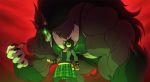  2020 anthro bottomwear canid canid_demon cervid clothing demon duo glowing glowing_eyes green_eyes hellhound hi_res macro mammal muscular red_background simple_background size_difference skirt teeth thorstone 