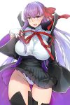  1girl anoshabu bangs bb_(fate)_(all) bb_(fate/extra_ccc) black_coat blush boots breasts coat fate/extra fate/extra_ccc fate_(series) gloves hair_ribbon high-waist_skirt highres large_breasts leotard long_hair long_sleeves looking_at_viewer neck_ribbon open_clothes open_coat open_mouth popped_collar purple_eyes purple_hair red_ribbon ribbon simple_background skirt smile solo thigh_boots thighhighs thighs very_long_hair white_background white_gloves white_leotard 
