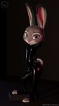  9:16 anthro bodysuit chickenass clothing disney female flat_chested fur hands_behind_head hi_res judy_hopps lagomorph leporid long_ears looking_at_viewer mammal multicolored_body multicolored_fur purple_eyes rabbit rubber rubber_suit simple_background skinsuit smile solo standing tight_clothing toeless_legwear two_tone_body two_tone_fur zootopia 