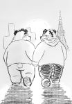  2020 absurd_res anthro blush bottomwear butt clothing duo english_text eyes_closed felid giant_panda hand_holding hi_res hoodie humanoid_hands kemono mammal monochrome outside overweight pantherine pants shir0anko shirt text tiger topwear ursid 