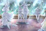  3:2 absurd_res anthro detailed_background eeveelution espeon female genitals glaceon group hi_res leafeon nexusofstarlight nintendo on_display on_one_leg petrification pok&eacute;mon pok&eacute;mon_(species) pussy sculpture smile snivy standing statue video_games vulpix 