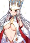  1girl anoshabu bangs bare_shoulders blush breasts center_opening closed_mouth crown dress dress_of_heaven eyelashes fate/grand_order fate_(series) irisviel_von_einzbern irisviel_von_einzbern_(caster) large_breasts long_hair long_sleeves looking_at_viewer navel red_eyes simple_background smile solo sparkle underboob white_background white_dress white_hair 