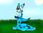  2011 blue_body breasts brown_hair canid fox0808 genitals goo_transformation grass hair human_to_anthro kneeling mammal nipples outside pok&eacute;dex pussy slime species_transformation surprise transformation 