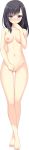  1girl absurdres ass_visible_through_thighs barefoot black_hair breasts clenched_hands eyebrows_visible_through_hair full_body hand_on_own_chin highres ikegami_akane long_hair long_image looking_at_viewer medium_breasts navel nipples no_pussy nude official_art ore_no_sugata_ga_toumei_ni!?_invisible_to_suuki_na_unmei purple_eyes smile solo tall_image transparent_background yotsuba_kohaku 