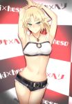  1girl armpits arms_behind_head belt black_belt black_shorts blonde_hair blush breasts cleavage collarbone commentary_request cutoff_jeans cutoffs fate/apocrypha fate_(series) green_eyes hair_ornament hair_scrunchie highres jewelry looking_at_viewer mordred_(fate) mordred_(fate)_(all) nanaya_(ranchenmonhan) necklace red_scrunchie scrunchie short_hair short_ponytail short_shorts shorts small_breasts solo step_and_repeat 