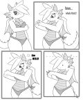  2011 4:5 annoyed anthro anthro_to_inanimate bra breasts clothing comic dialogue dragon female hi_res horn inanimate_transformation membrane_(anatomy) membranous_wings mildrakin_(artist) monochrome solo surprise transformation underwear wings 
