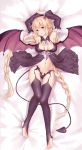  1girl 777_(pixiv16166828) absurdres bat_wings black_legwear blonde_hair breasts dakimakura demon demon_girl demon_horns demon_tail demon_wings earrings feet heart heart_tail highres horns imp jewelry long_hair low_wings navel orange_eyes original panties pointy_ears print_legwear succubus tail underwear wings 