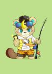  animal_crossing anthro backwards_baseball_cap baseball_cap beaver blonde_hair blue_eyes bottomwear buckteeth c.j._(animal_crossing) cellphone chibi clothing eyewear fishing_rod freckles hair hat headgear headwear hi_res male mammal nackzek nintendo phone rodent shorts smartphone solo sunglasses teeth video_games 