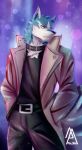  anthro blue_body blue_eyes blue_fur brand_new_animal canid canine canis clothed clothing collar fur hi_res jacket male mammal piao_miao shirou_ogami solo studio_trigger topwear wolf 