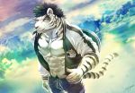  abs anthro bottomwear clothed clothing felid fur hair heterochromia jacket male mammal muscular muscular_male obliques open_jacket open_shirt pantherine pecs shirt shorts simple_background sky_(artist) solo stripes swimwear tiger topwear white_body white_fur 