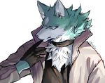  2020 anthro blue_body blue_eyes blue_fur brand_new_animal canid canine canis chung0_0 chung0u0 clothed clothing collar fur hi_res male mammal shirou_ogami simple_background solo studio_trigger white_body white_fur wolf 
