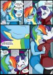  absurd_res anthro big_breasts blue_body breasts caoscore clothed clothing comic dialogue duo equid equine eyes_closed female female/female friendship_is_magic hair hi_res horn kissing mammal multicolored_hair my_little_pony pterippus rainbow_dash_(mlp) rainbow_hair rarity_(mlp) unicorn white_body wings 