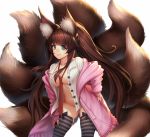 1girl animal_ear_fluff animal_ears aqua_eyes bangs black_legwear black_ribbon breasts brown_hair cleavage closed_mouth coat collarbone commentary_request commission eyebrows_visible_through_hair fox_ears fox_girl fox_tail hand_on_hip jurrig large_breasts leaning_forward long_hair long_sleeves mixed-language_commentary navel necktie no_bra no_panties open_clothes open_coat open_shirt original pink_coat plushmallow red_neckwear ribbon shirt simple_background skindentation smile solo striped striped_legwear tail thighhighs twintails unbuttoned unbuttoned_shirt unzipped very_long_hair white_background white_shirt 