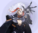  1boy arm_up bare_chest black_cape cape closed_mouth fate_(series) hair_between_eyes hatching_(texture) highres male_focus multicolored_hair odysseus_(fate/grand_order) orange_eyes pauldrons red_hair solo syaber_syaber upper_body white_hair 