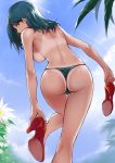  1girl ass bare_legs bikini_bottom bikini_tan black_bikini_bottom blue_eyes blue_hair blue_sky breasts cloud day dimples_of_venus fengya flower high_heels highres holding holding_shoes large_breasts leaning_forward leg_up light_rays long_hair looking_at_viewer looking_back original outdoors red_footwear shoes sideboob sky solo sparkle standing standing_on_one_leg sunbeam sunlight tan tanline thigh_gap topless white_flower 