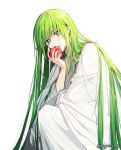  1other apple arm_up artist_name bangs ede enkidu_(fate/strange_fake) fate/grand_order fate_(series) food fruit green_eyes green_hair hair_between_eyes hair_over_shoulder highres holding holding_food holding_fruit long_hair long_sleeves looking_at_viewer otoko_no_ko parted_lips robe simple_background smile twitter_username upper_body very_long_hair white_background 