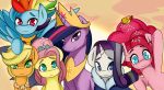  absurd_res applejack_(mlp) blonde_hair blue_body caoscore equid equine female feral fluttershy_(mlp) friendship_is_magic grey_hair group hair hi_res horn looking_at_viewer mammal mature_female multicolored_hair my_little_pony orange_body pink_hair pinkie_pie_(mlp) pterippus purple_body purple_hair rainbow_dash_(mlp) rainbow_hair rarity_(mlp) rubber_duck twilight_sparkle_(mlp) unicorn white_body wings yellow_body 