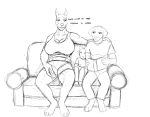  anthro arm_around_shoulders big_breasts book bottomwear breasts canid canine canis clothing controller daniel_porter daniel_porter_jr dialogue dobermann domestic_dog father father_and_child father_and_son female furniture good_parenting group hi_res hladilnik huge_breasts larger_female male male/female mammal monochrome mother mother_and_child mother_and_son muscular muscular_female pants parent parent_and_child pinscher reading remote_control shirt shorts size_difference sleeping sofa son t-shirt tank_top topwear tracy_porter 
