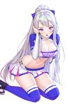  1girl :o armpit_cutout azur_lane blue_legwear bow breasts casablanca_(azur_lane) casablanca_(cheer_squad_on_break)_(azur_lane) cheerleader cleavage clothes_writing crop_top hair_bow hand_up highres kneeling large_breasts long_hair long_sleeves looking_at_viewer midriff miniskirt navel open_mouth pleated_skirt ponytail purple_eyes ribbed_legwear shirt shoes silver_hair simple_background siun skirt solo stomach sweat thighhighs very_long_hair white_background white_skirt zettai_ryouiki 
