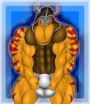  2019 abs anthro balls_outline biceps big_bulge big_muscles big_pecs blue_background bulge cleavage_cutout clothed clothing digimon digimon_(species) erect_nipples fishnet fishnet_clothing fishnet_headwear fishnet_topwear flexing genital_outline grin hair headgear headwear hi_res hood hoodie horn huge_muscles jockstrap looking_at_viewer male markings mask muscular navel nipples pattern_background pecs red_eyes red_hair red_markings red_stripes saixyuniz-xynz scales scalie signature simple_background skimpy smile solo striped_horn stripes teeth_showing topwear underwear vein wargreymon white_clothing yellow_body yellow_scales zarox 