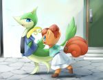  2019 anthro black_nose blue_eyes canid canine clothing digital_media_(artwork) door dress female green_body hair hi_res looking_at_another male mammal nintendo orange_body pockets pok&eacute;mon pok&eacute;mon_(species) red_hair red_tail reptile scalie servine signature smile spread_legs spreading standing video_games vulpix walking りゅま 